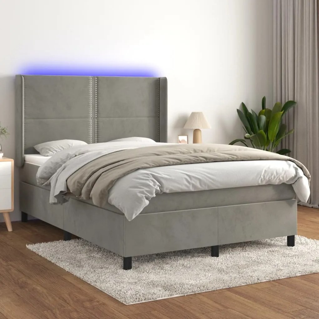 Letto a molle materasso e led grigio chiaro 140x200 cm velluto