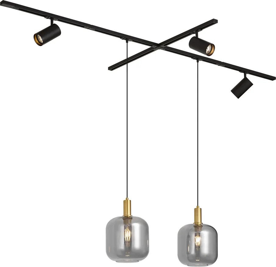 Sistema a binario moderno nero con 2 lampade a sospensione e 3 faretti monofase - Iconic Zuzanna Jeana Luxe