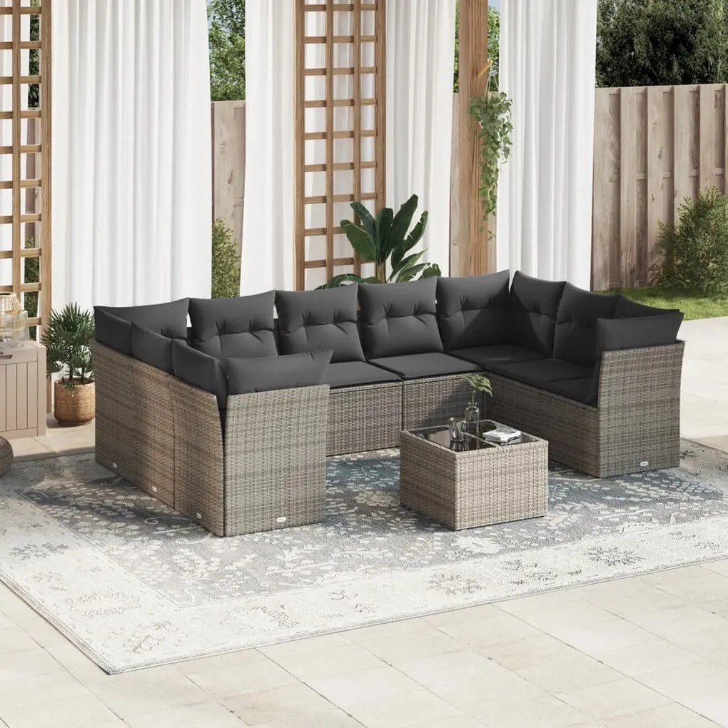 Set divano da giardino 10 pz con cuscini grigio in polyrattan