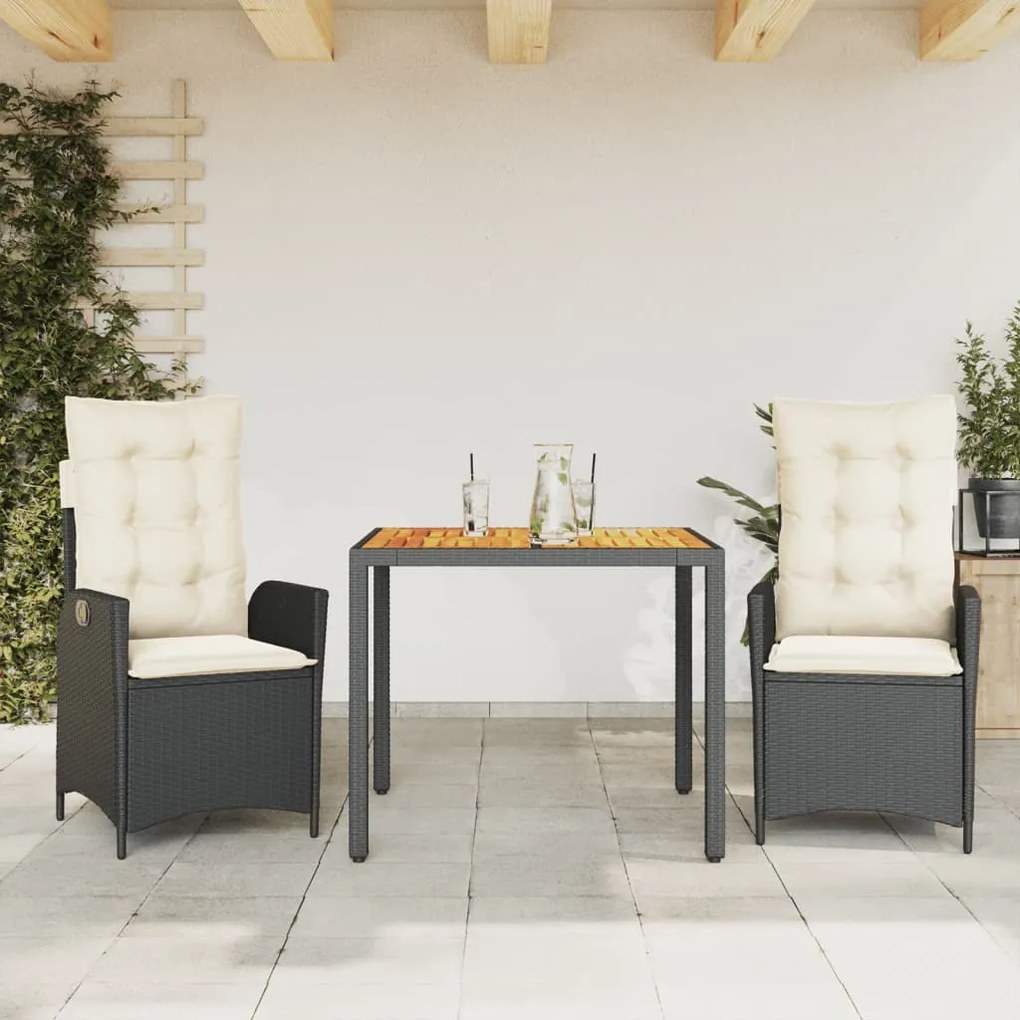 Set Da Pranzo Da Giardino 3 Pz Con Cuscini Nero İn Polyrattan /