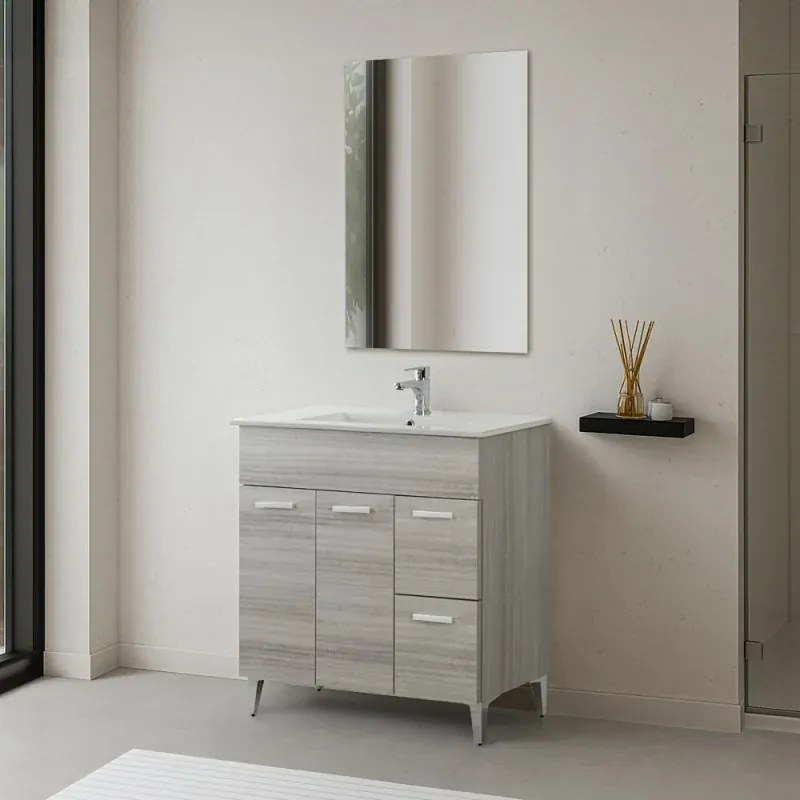 Mobile bagno 80 cm in melaminico grigio con due ante e due cassetti con consolle in ceramica e specchio