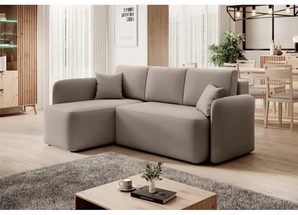 Divano angolare beige allungabile/con contenitore (con penisola a sinistra/con chaise lounge) e rivestimento in velluto Hadson – ELTAP