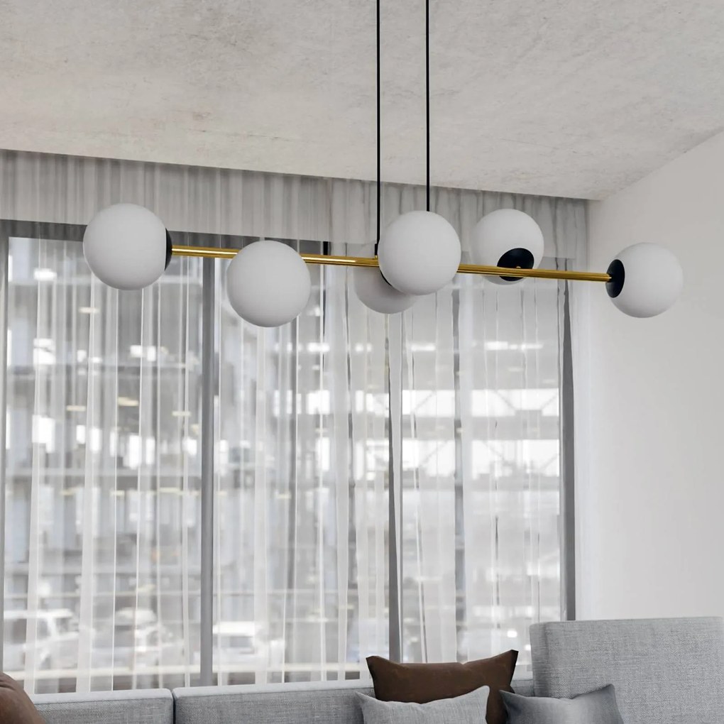 EMIBIG LIGHTING Lampada a sospensione Gravity, bianco opalino/oro/nero, vetro, E14