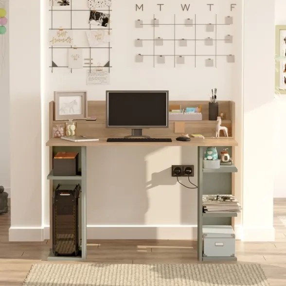 Scrivania Moderna Porta PC 120x58x98 Con Ripiani Laterali Pixel Rovere E Verde