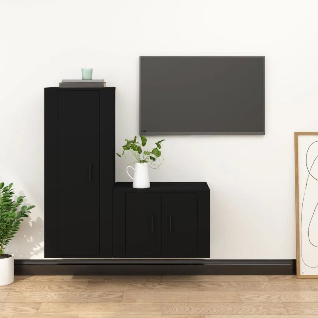Set Mobili Porta Tv 2 Pz Nero İn Legno Multistrato /