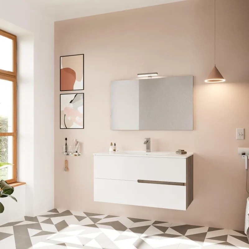 Mobile sottolavabo e lavabo con illuminazione Eva rovere fumo/frontale bianco in mdf L 100 x H 51 x P 46 cm 1 vasca 2 cassetti