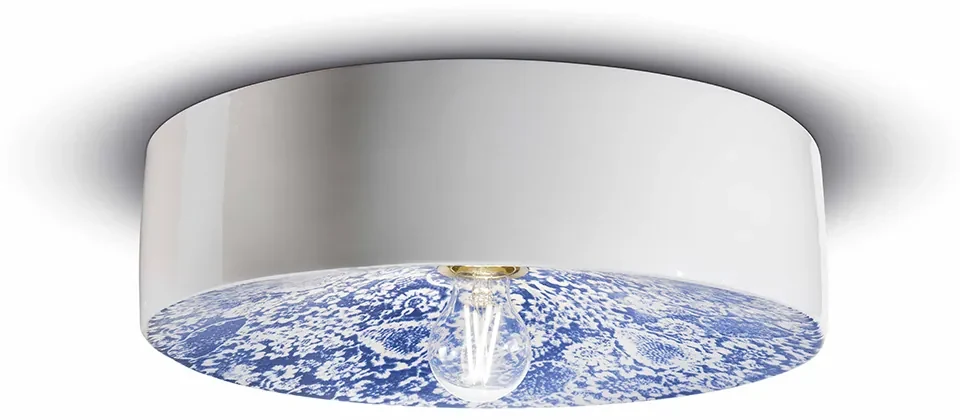 Plafoniera Grande Vintage Decò Pi Ceramica Ming Blu 1 Luce E27