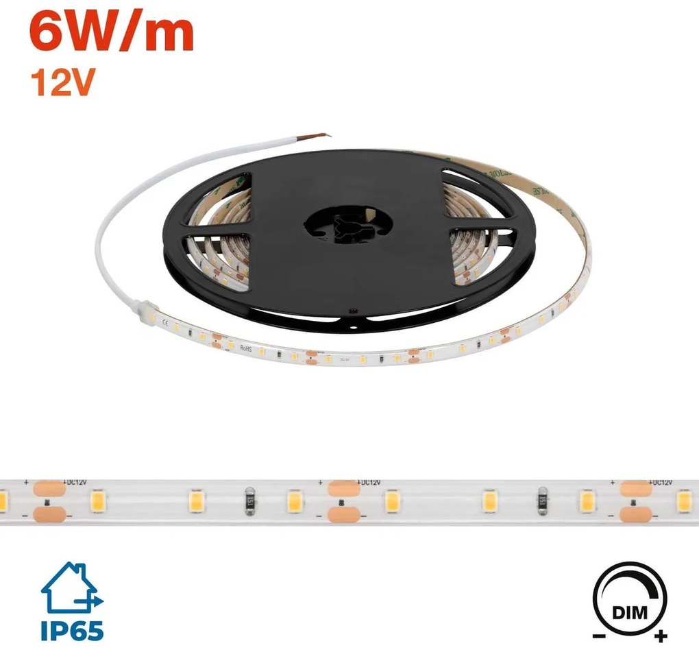 Striscia LED 2835/60 12V 6W/m IP65 5m Colore Bianco Caldo 3.000K