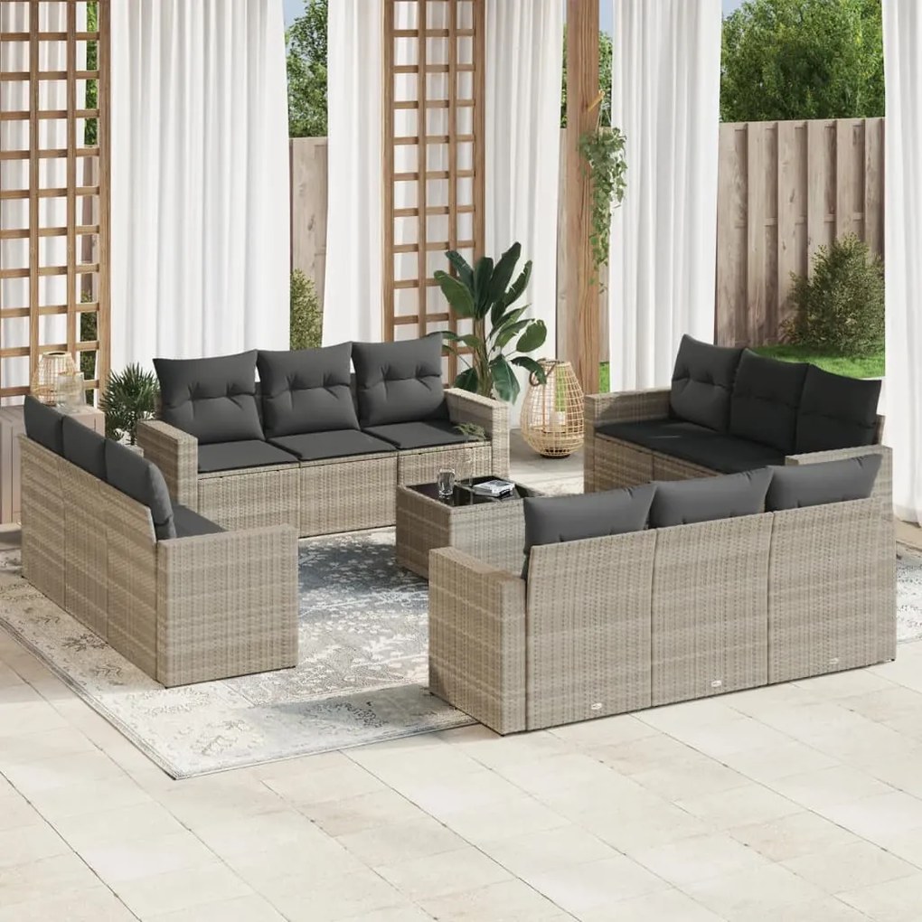 Set divani giardino 13 pz con cuscini grigio chiaro polyrattan