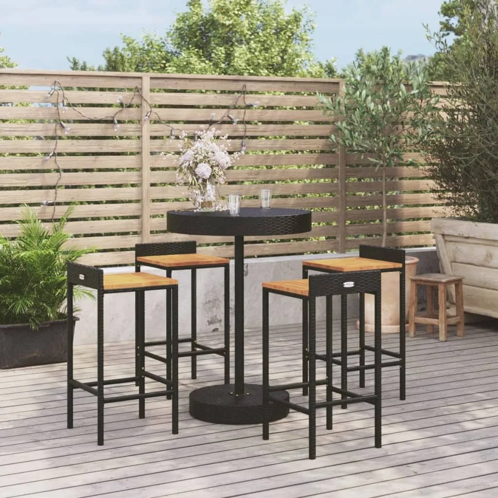 Set Bar Giardino 5 pz Nero Polyrattan e Legno Massello Acacia