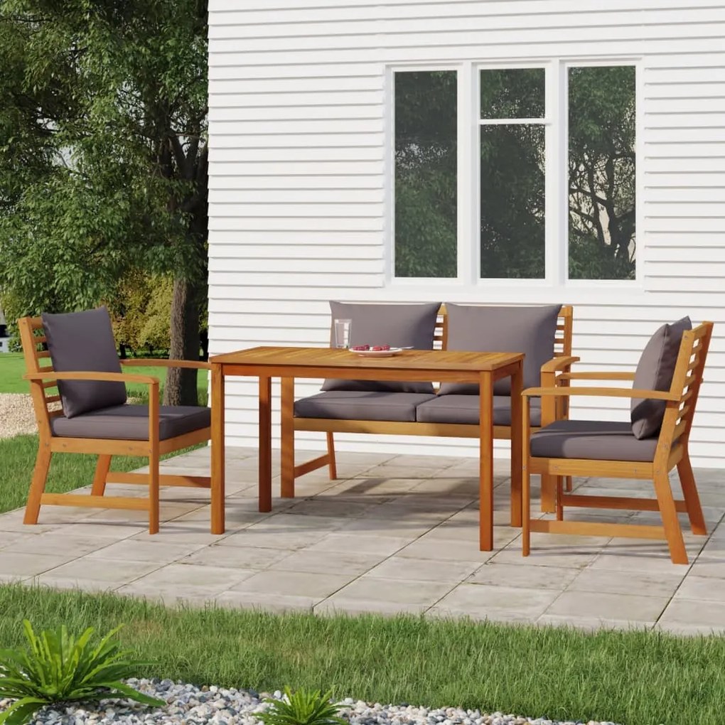 Set da pranzo giardino 4pz con cuscini legno massello di acacia