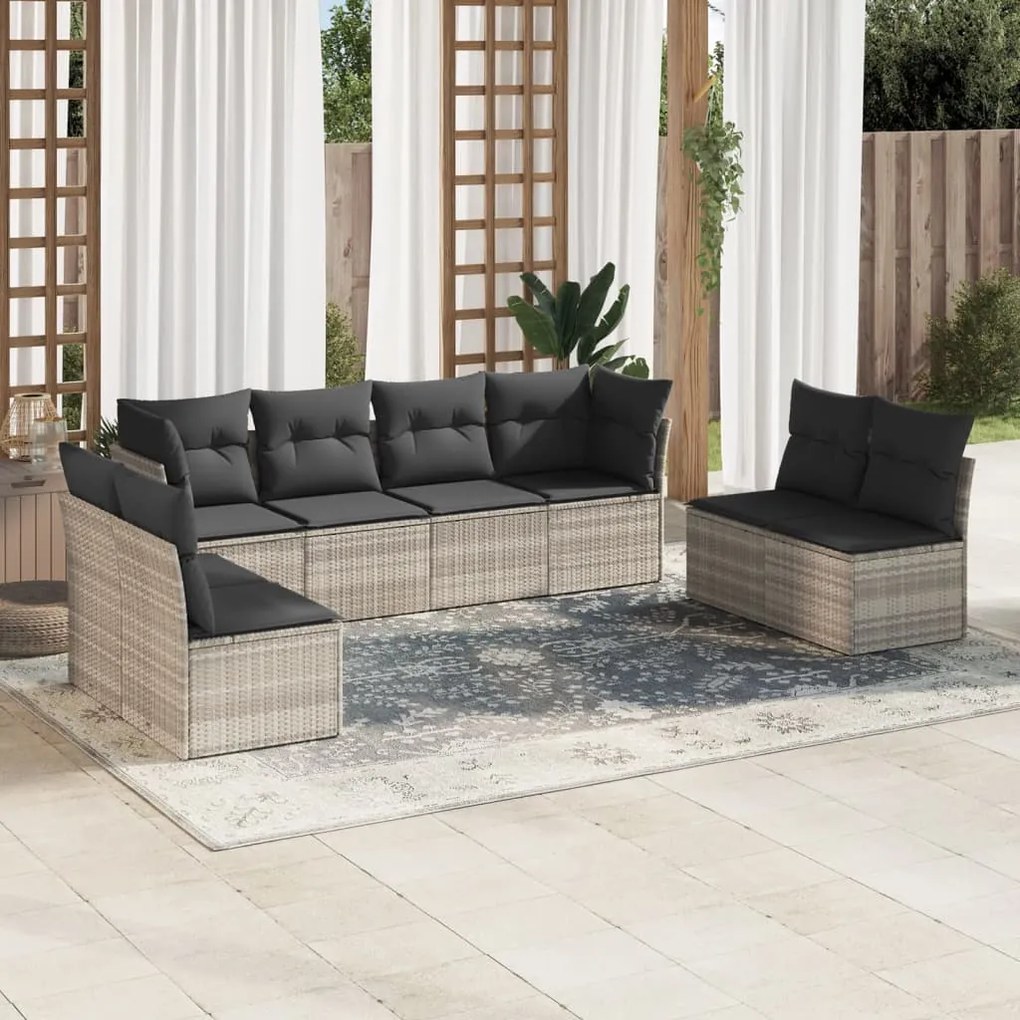 Set divano da giardino 8pz con cuscini grigio chiaro polyrattan