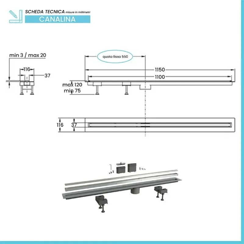 Canalina doccia 120 cm in alluminio reversibile con scarico laterale e piletta non inclusa
