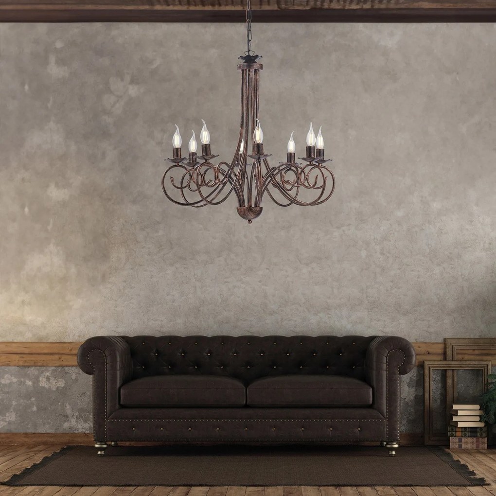 Lampadario Provenzale Candelabro Alma 8 Luci Ferro Battuto Nero E Rame