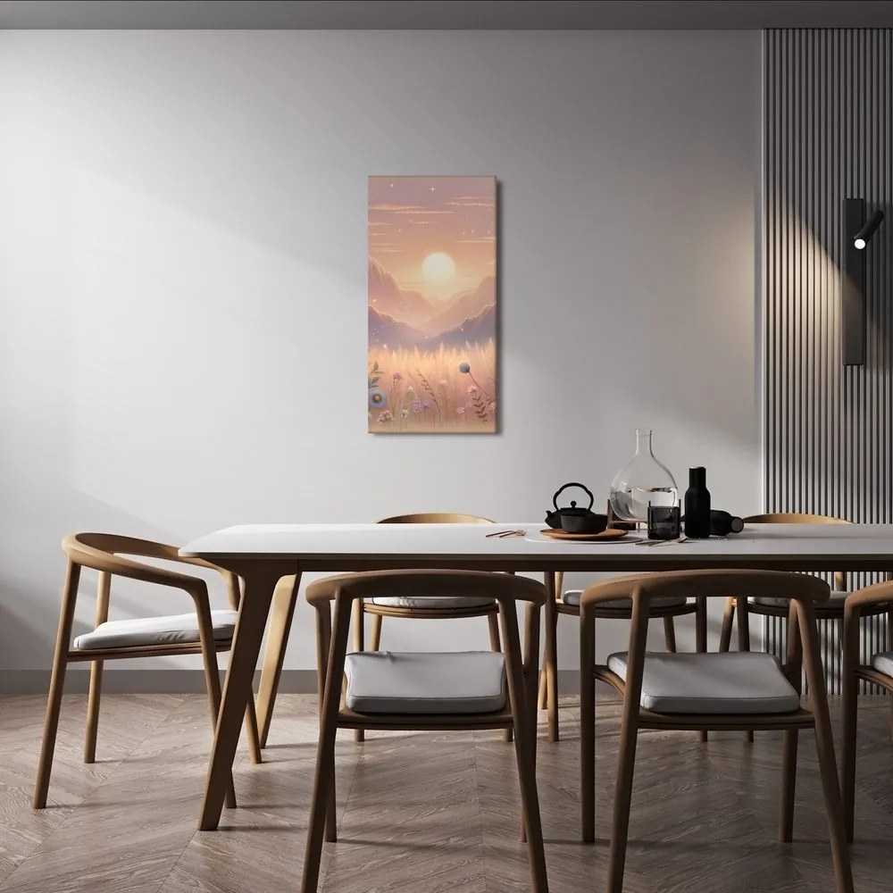 Quadro su tela – Montagne, fiori e sole al tramonto