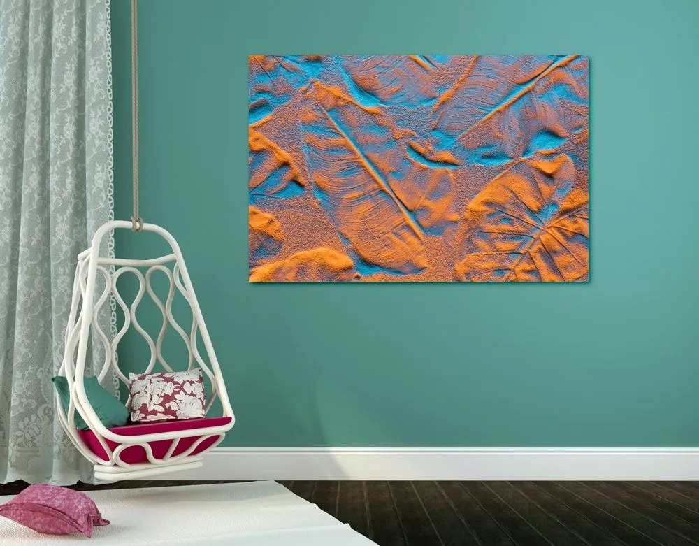 Quadro su tela – Texture di foglie sulla spiaggia di sabbia
