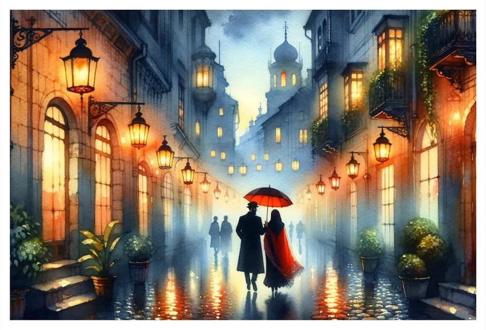 Quadro su tela – Passeggiata romantica nella città piovosa
