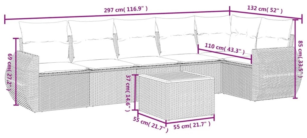 Set Divani da Giardino 7 pz con Cuscini Beige in Polyrattan