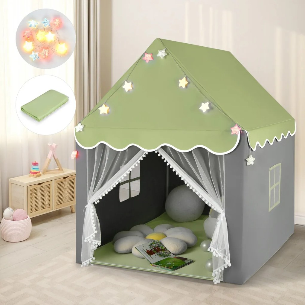 Costway Tenda da gioco per bambini con tappetino lavabile, Tenda castello fatato con luci a forma di stella