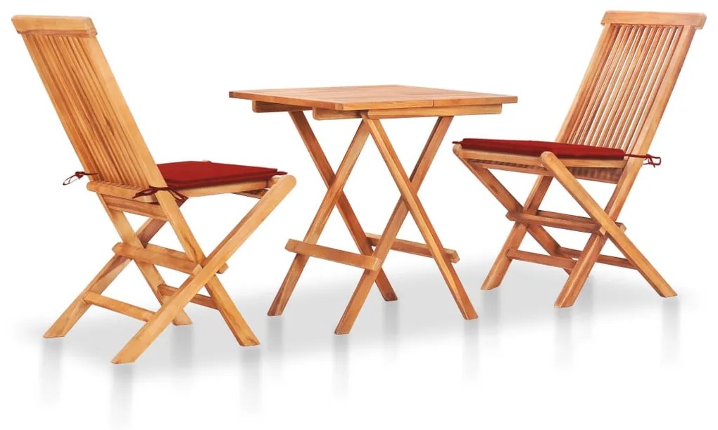 Set da bistrot 3 pz con cuscini rossi in legno massello di teak