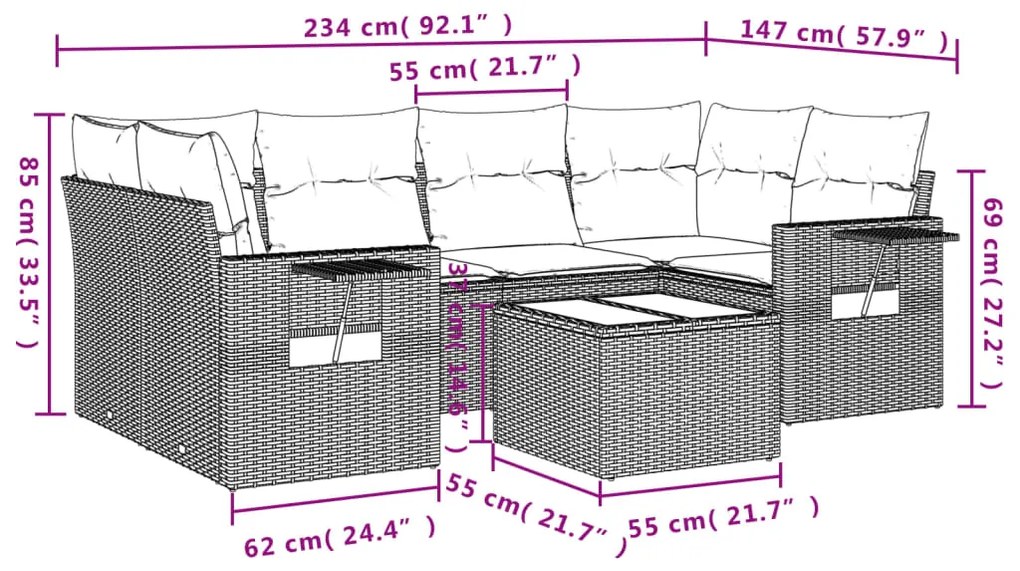 Set Divani da Giardino 7 pz con Cuscini Grigio in Polyrattan