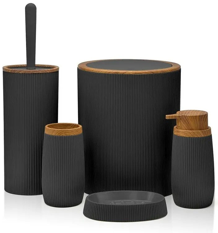Set bagno da appoggio Blob in plastica liscia nera con dettagli effetto legno