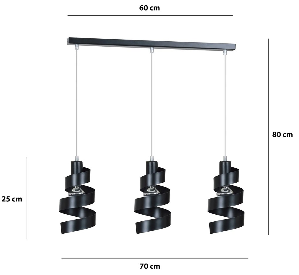 Lampadario Moderno 3 Luci Saga In Acciaio Nero Con Fasce A Spirale