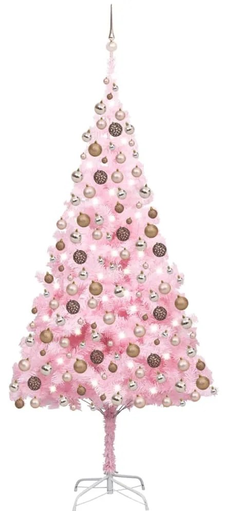 Albero di Natale Preilluminato con Palline Rosa in PVC, Albero di Natale Preilluminato con Palline Rosa 240 cm PVC