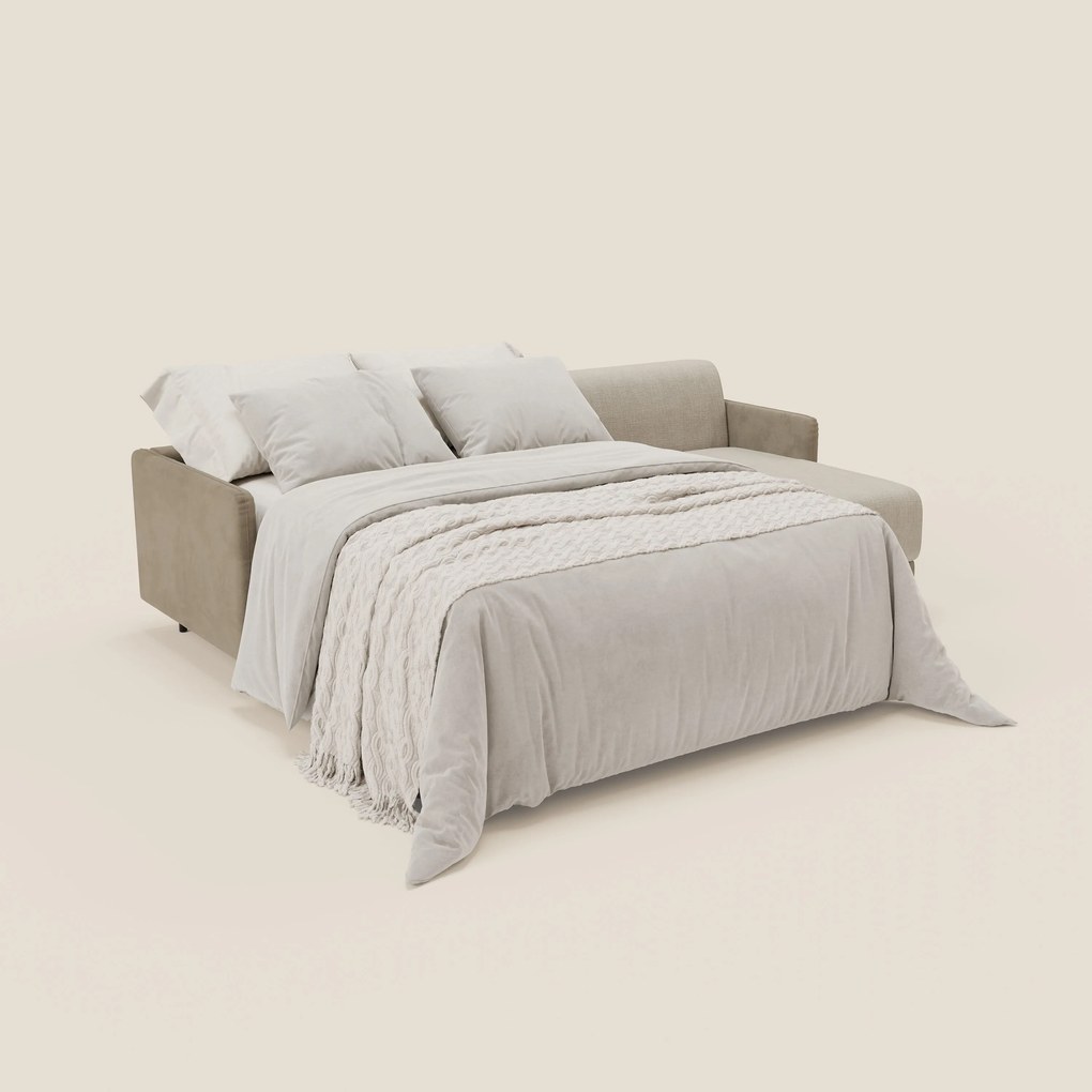 Narciso divano letto angolare con materasso alto 18 cm e penisola contenitore in tessuto bicolore impermeabile T11 e T06 tortora - panna