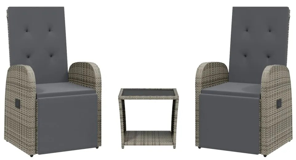 Set da Pranzo da Giardino 3 pz con Cuscini in Polyrattan Grigio