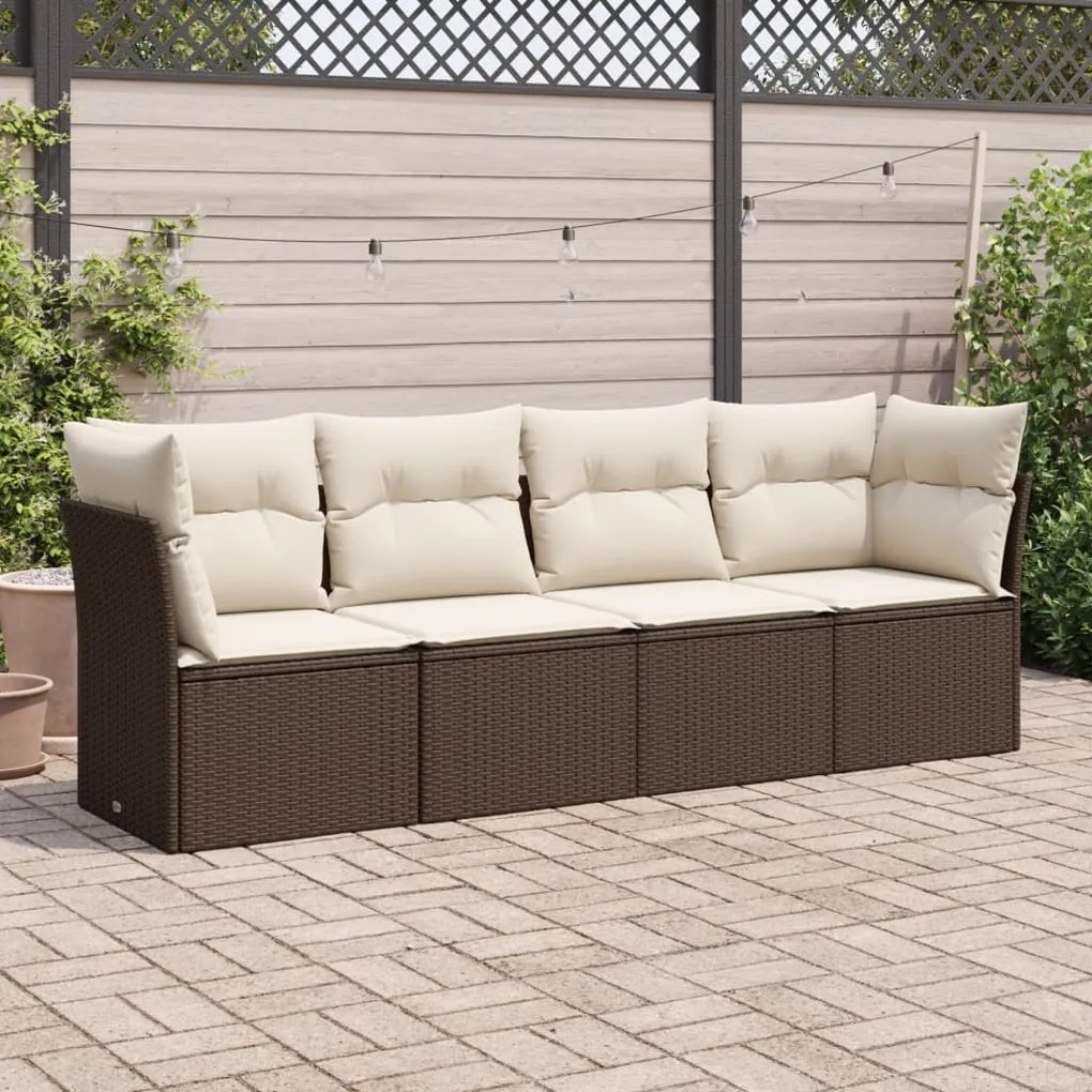 Set Divano da Giardino 4 pz con Cuscini Marrone in Polyrattan