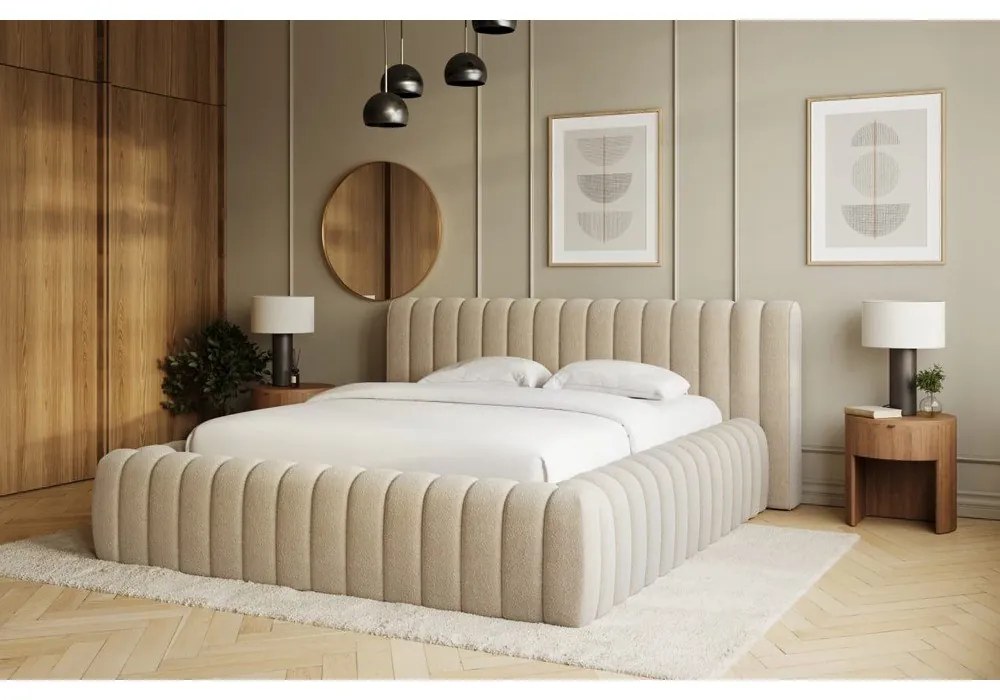 Letto matrimoniale imbottito beige con contenitore e rete inclusi 140x200 cm Carilla – ELTAP