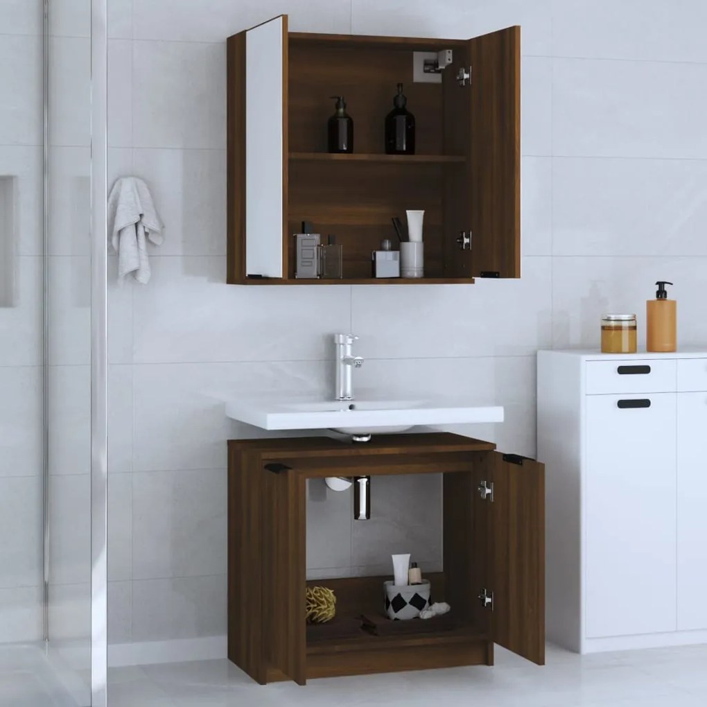 Set mobili da bagno 2 pz rovere marrone in legno multistrato