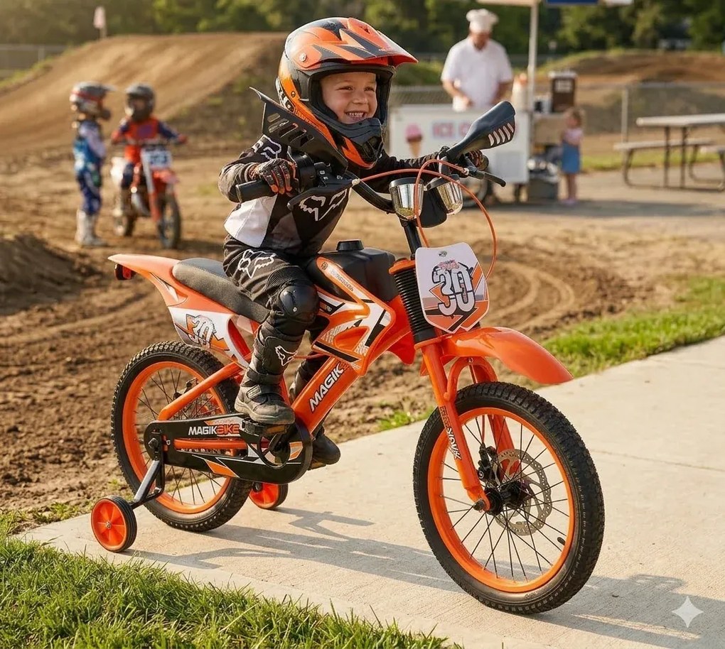 Bicicletta per Bambini 16" Freni a Disco e Rumore del Motore in Accelerazione Magik-Bike Motocross Arancione...