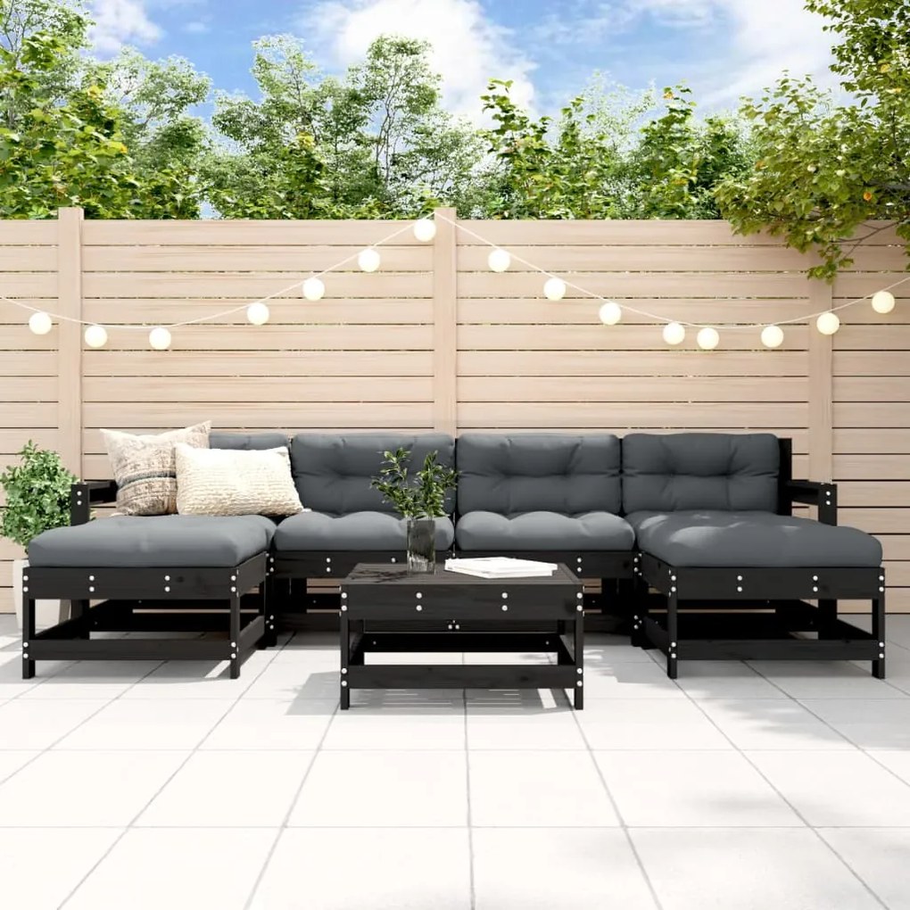 Set divani da giardino 7 pz con cuscini in legno massello nero