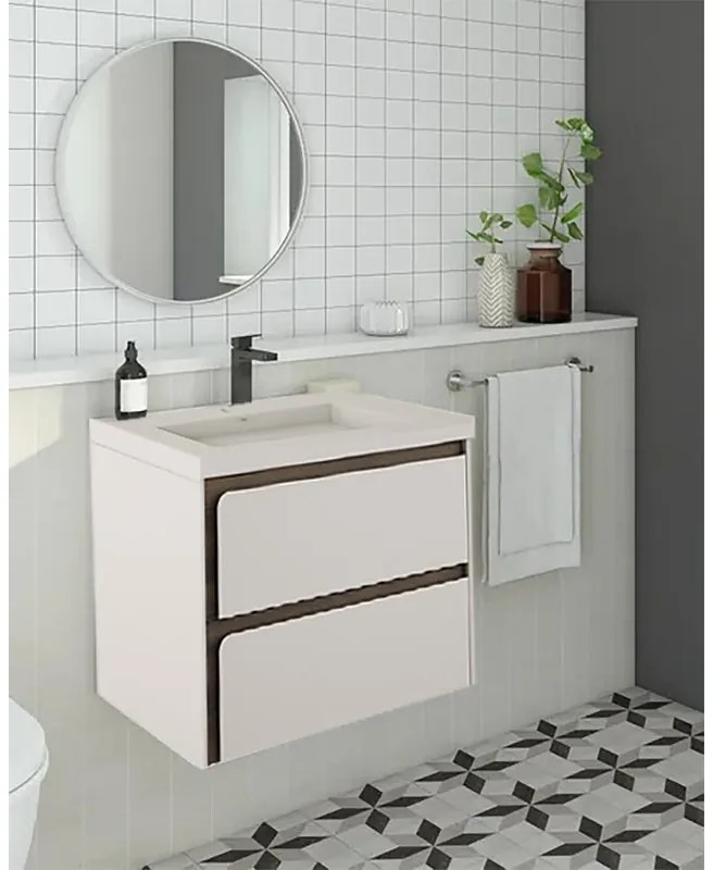 Mobile bagno sospeso con lavabo L 80 x H 55 x P 45 cm cotone 2 cassetti per vasca centrale Indico