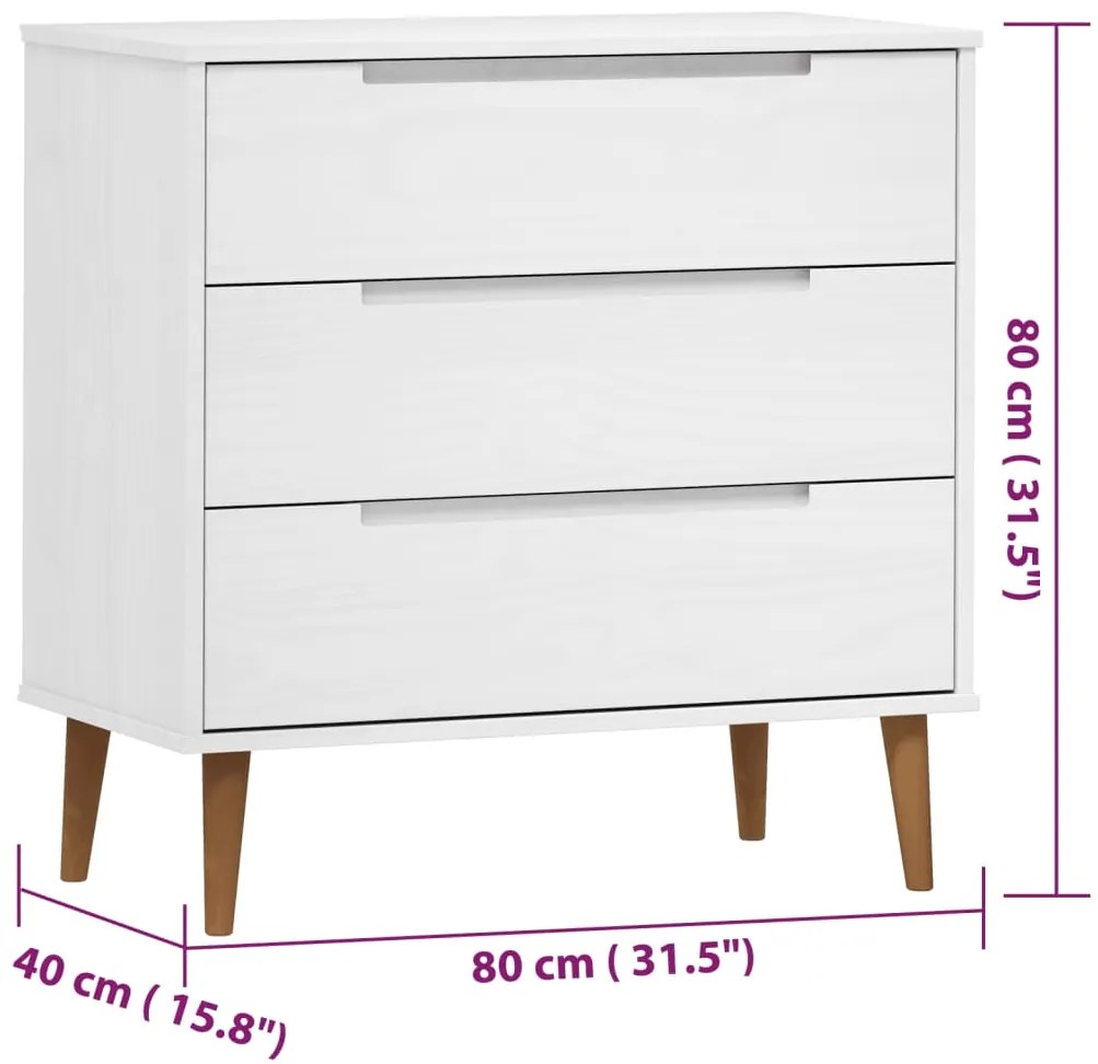 Cassettiera MOLDE Bianca 80x40x80 cm in Legno Massello di Pino