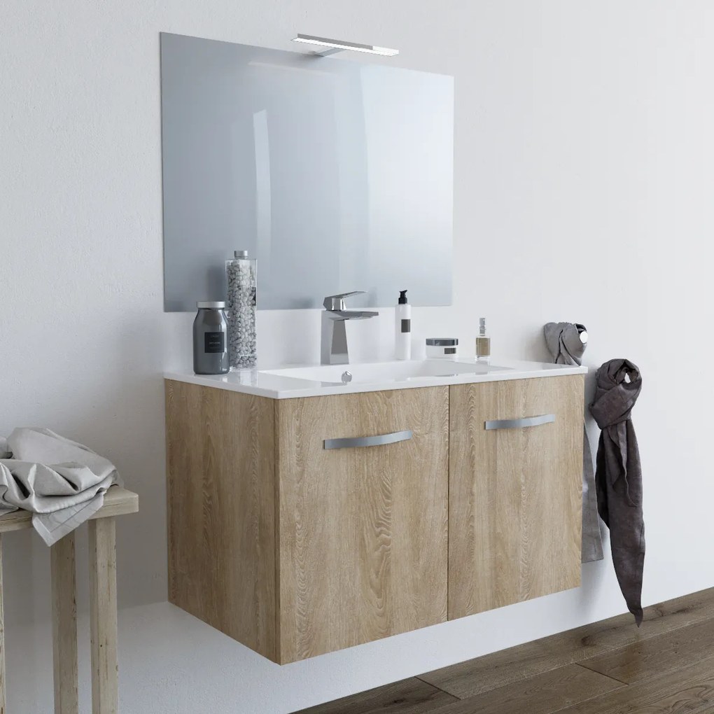 Mobile bagno BUMA80 Rovere Chiaro con lavabo e specchio - 8180