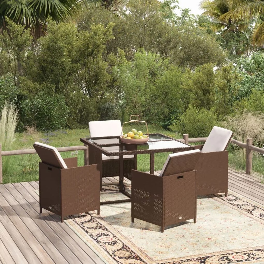 Set da pranzo per giardino 5 pz con cuscini polyrattan marrone