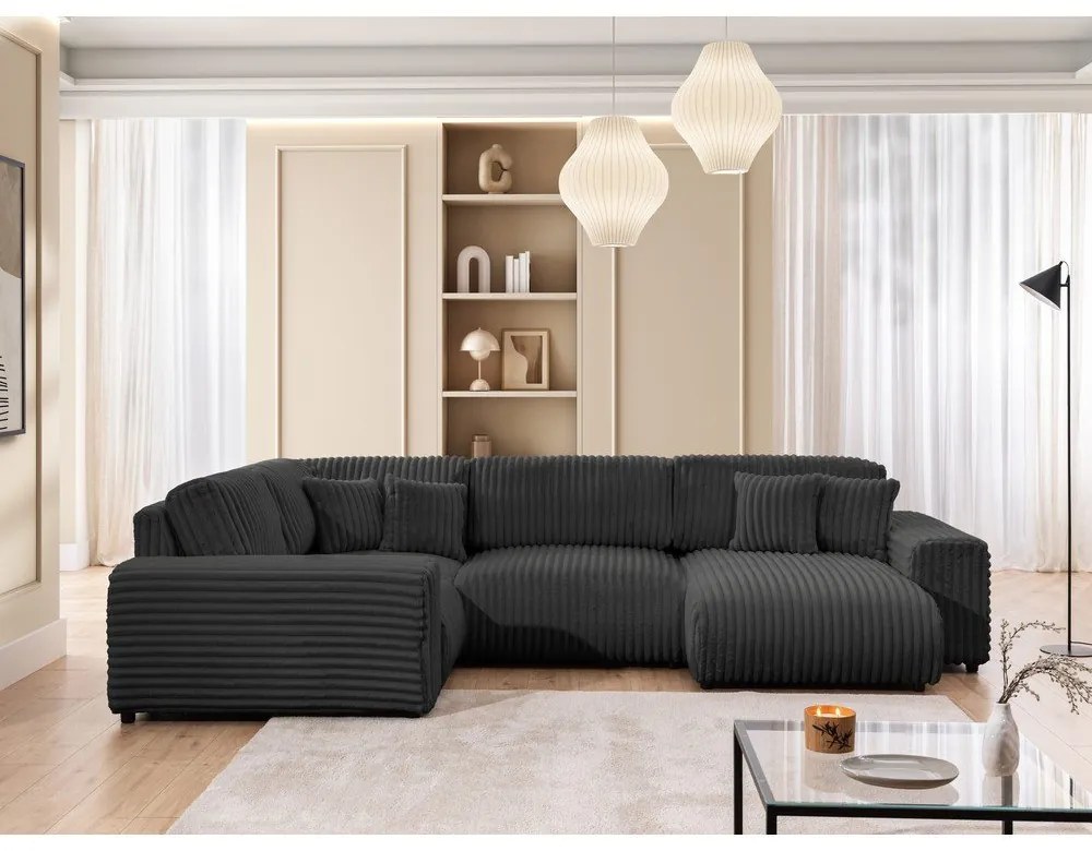 Divano angolare grigio scuro (con penisola a sinistra/a U) rivestito in velluto a coste Justin – Ropez