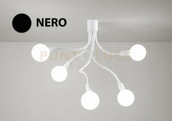 Lampadario a soffitto in metallo e gomma nero bulbo 5 luci attacco e27