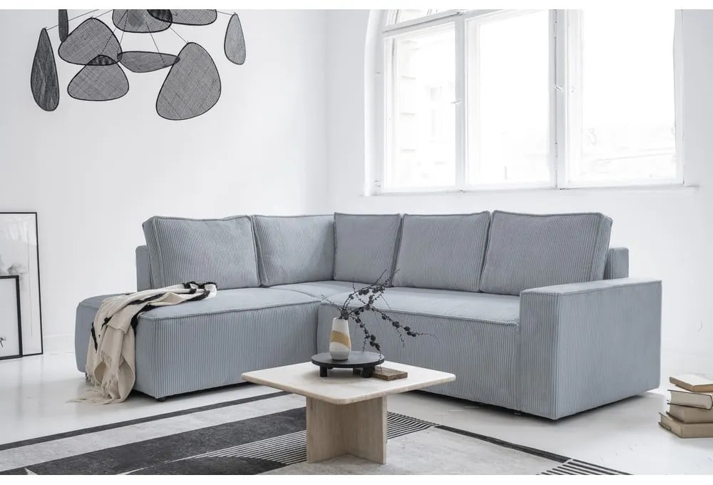 Divano letto angolare in velluto a coste grigio chiaro Brave Dave - Miuform