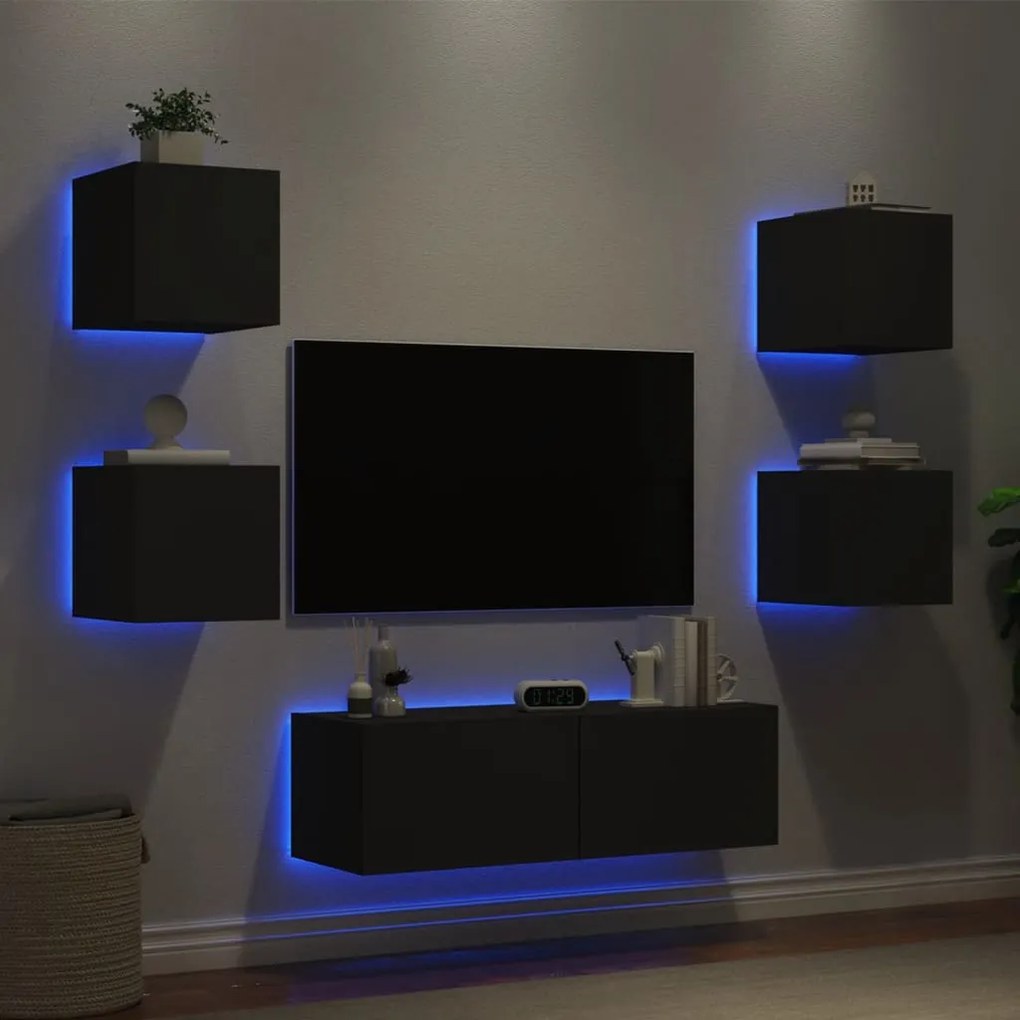 Mobili Tv A Muro 5pz Con Luci Led Neri /