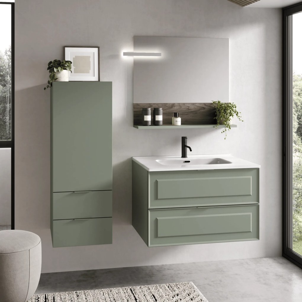 Mobile Bagno Sospeso 80 Cm Due Cassetti Specchio Con Ripiano e Lampada Led 80x70 Cm Led Savini "Frame"