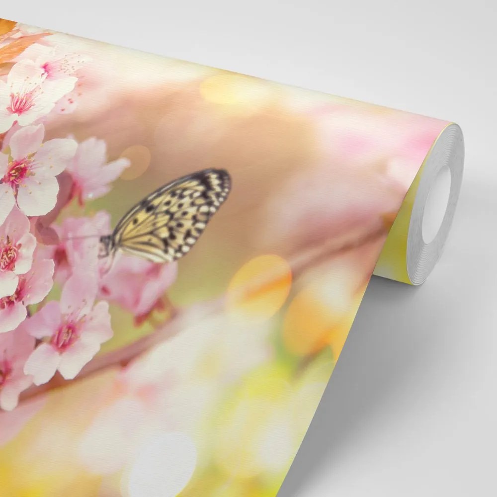 Carta da parati autoadesiva – Fiori primaverili con farfalle esotiche