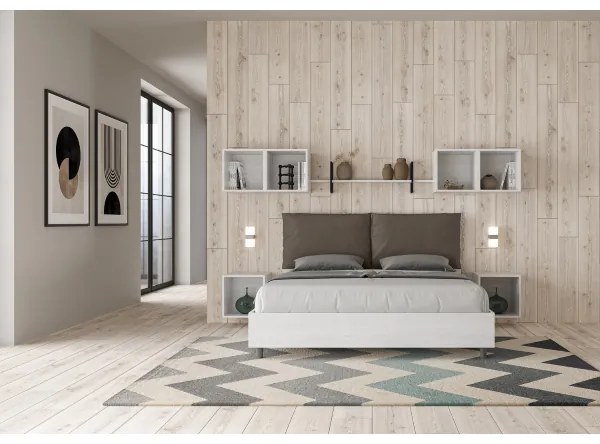 Letto matrimoniale contenitore 160x190 bianco frassino cuscini similpelle cappuccino Egos Antea