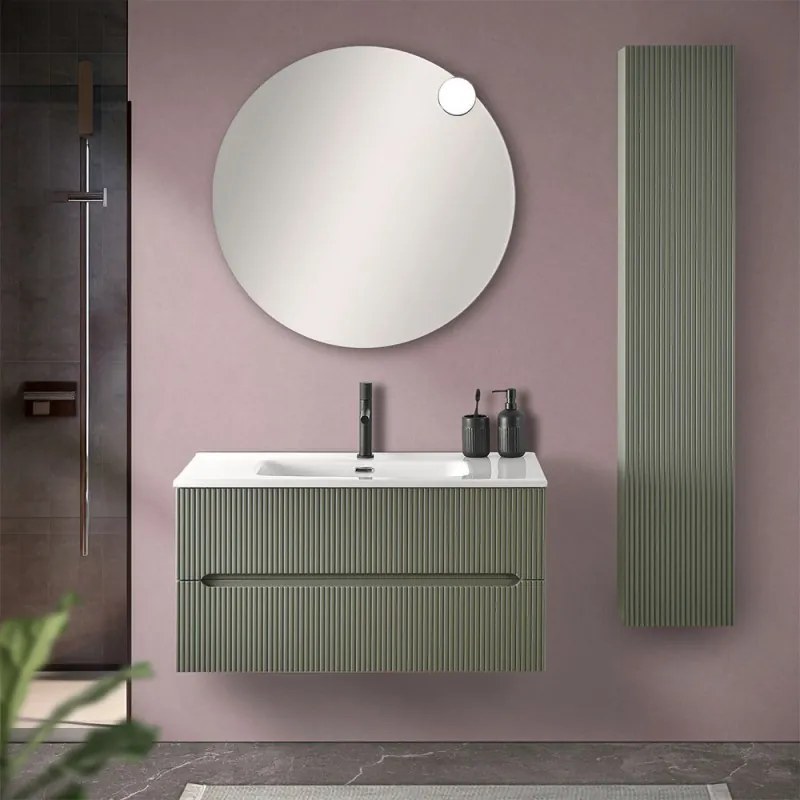 Mobile bagno sospeso cannettato 90 cm verde con specchio   Bali