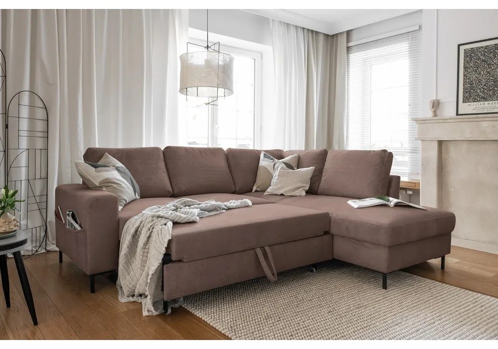 Divano letto angolare in velluto a coste marrone (angolo destro) Lofty Lilly - Miuform