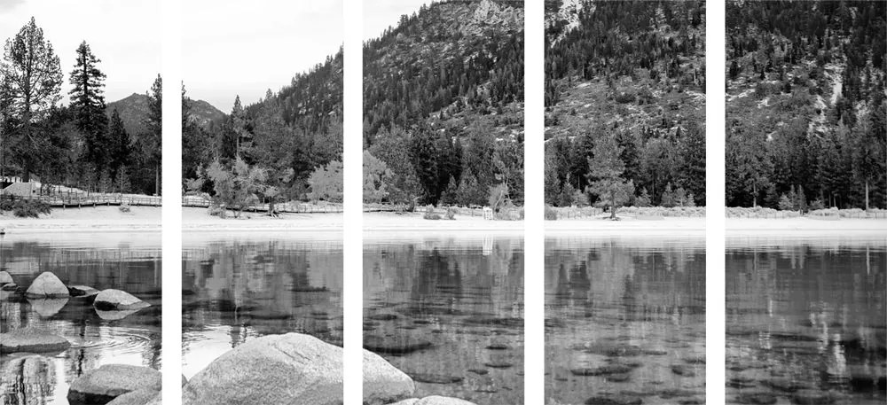 Quadri 5 pezzi – Lago in una natura splendida in bianco e nero