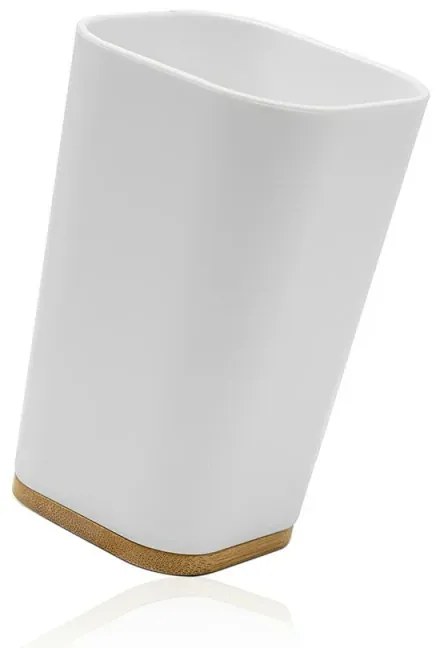 Porta spazzolini in finitura bianca opaca con dettagli in bamboo